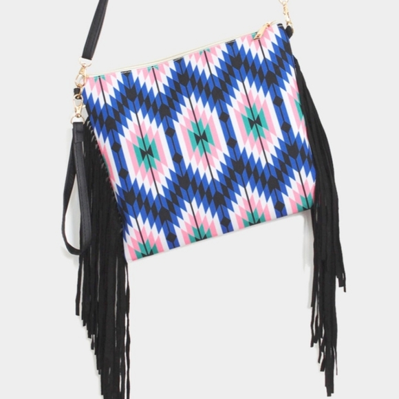 Handbags - Aztec Print Tassel Wristlet Clutch / Crossbody Bag.